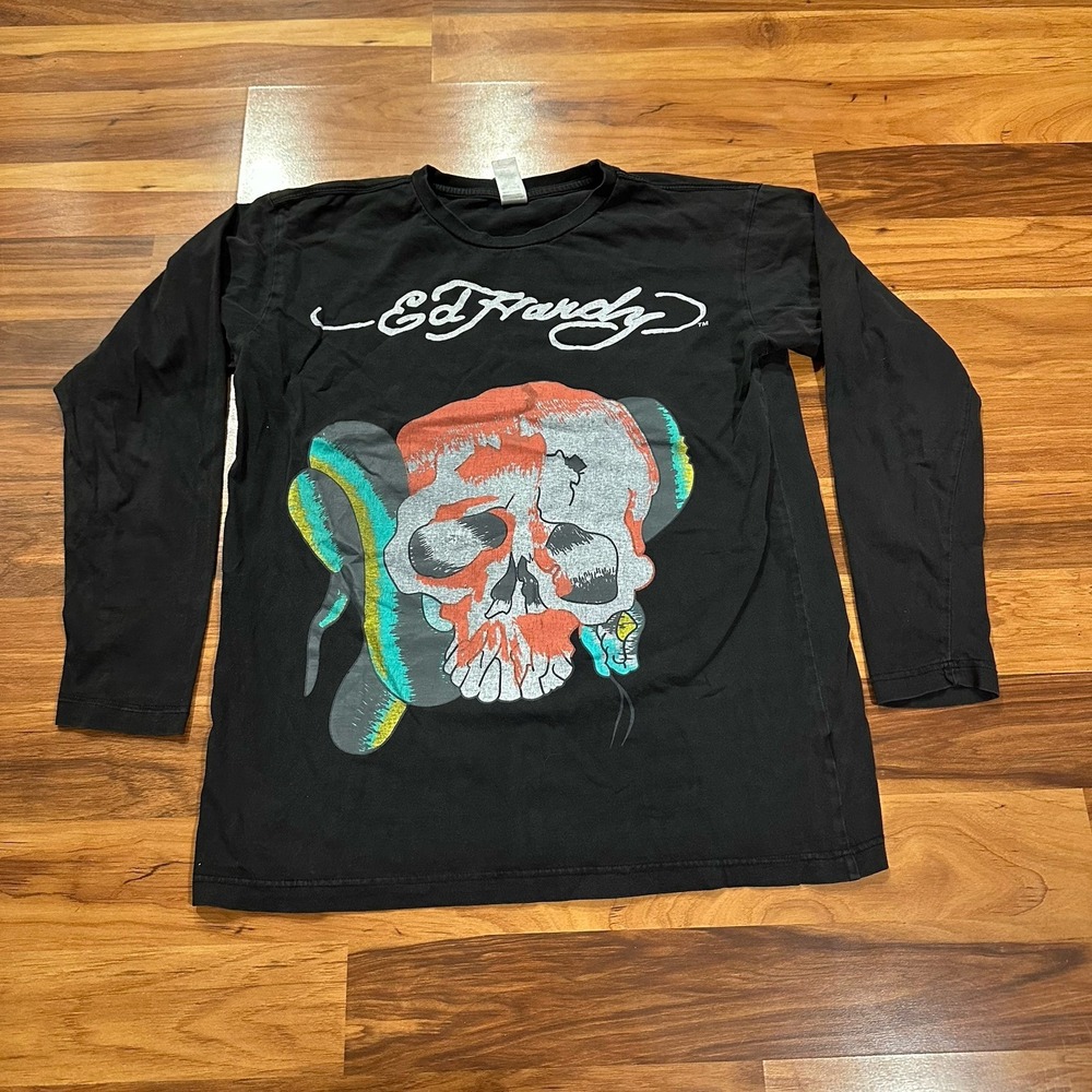 Vtg Y2k Ed Hardy Long Sleeve Shirt Christian Audigier Skull Black XL Snake